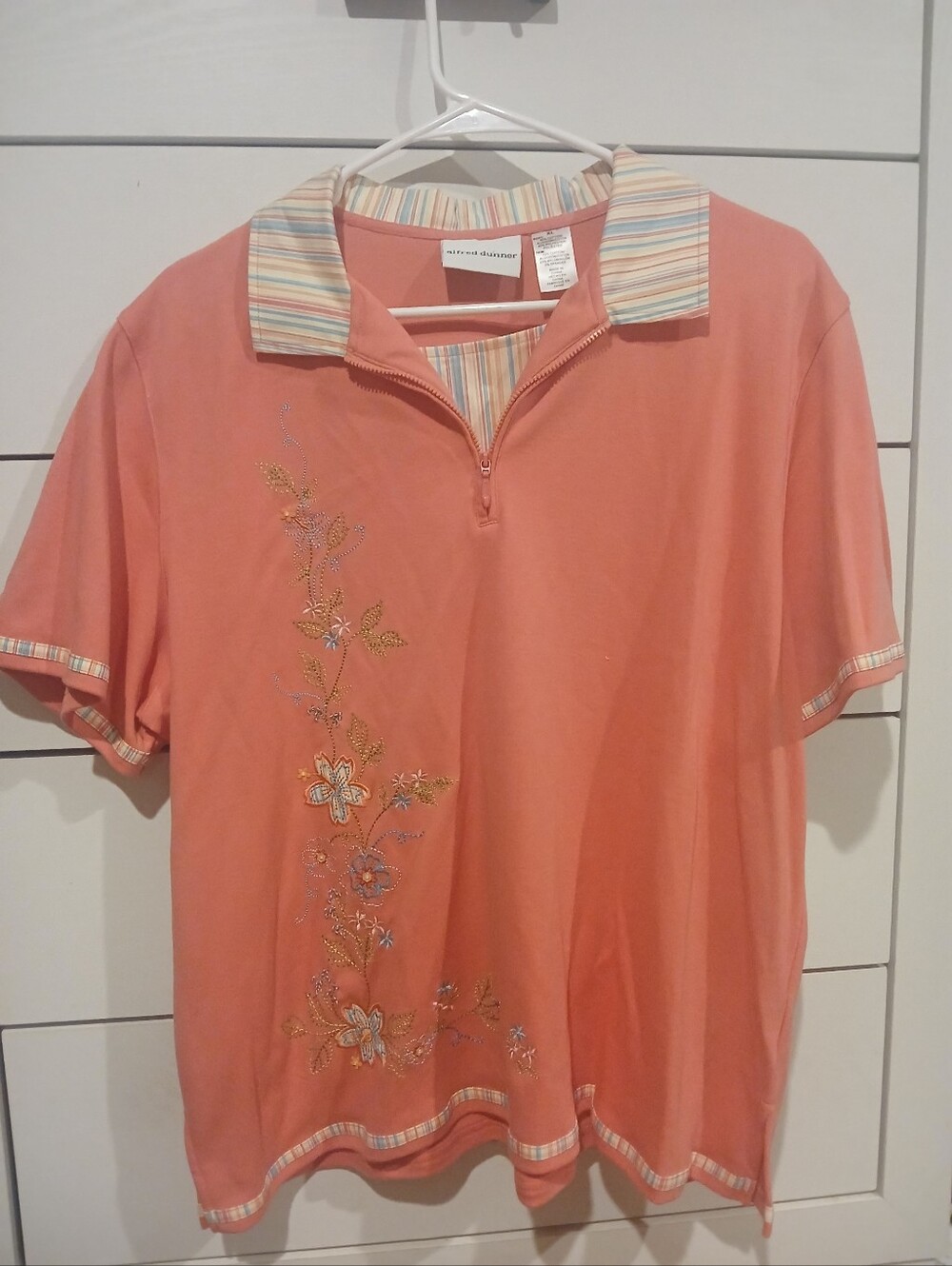 Alfred Dunner Coral Polo with Floral Embroidery and Striped Trim